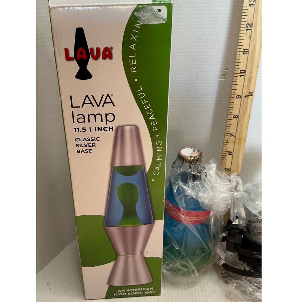 Lava Brand Lava Lamp Classic Silver Base Blue Liquid Yellow Wax 11.5 Inch NWT
